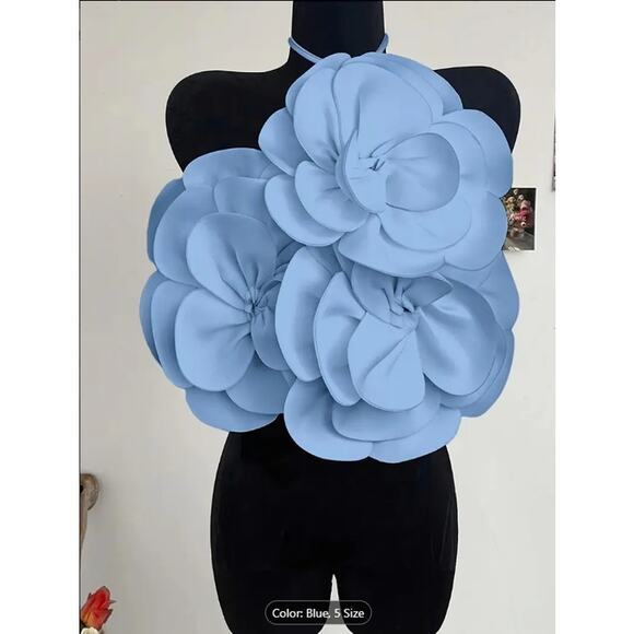 Blue Oversized 3D Flower Halter Crop Top – Statement Backless Festival & Party - Picture 1 of 5